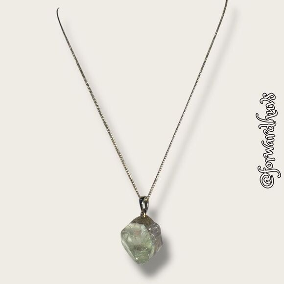 Raw Cut Light Green Stone Necklace | Gold-tone Chain - Picture 1 of 10